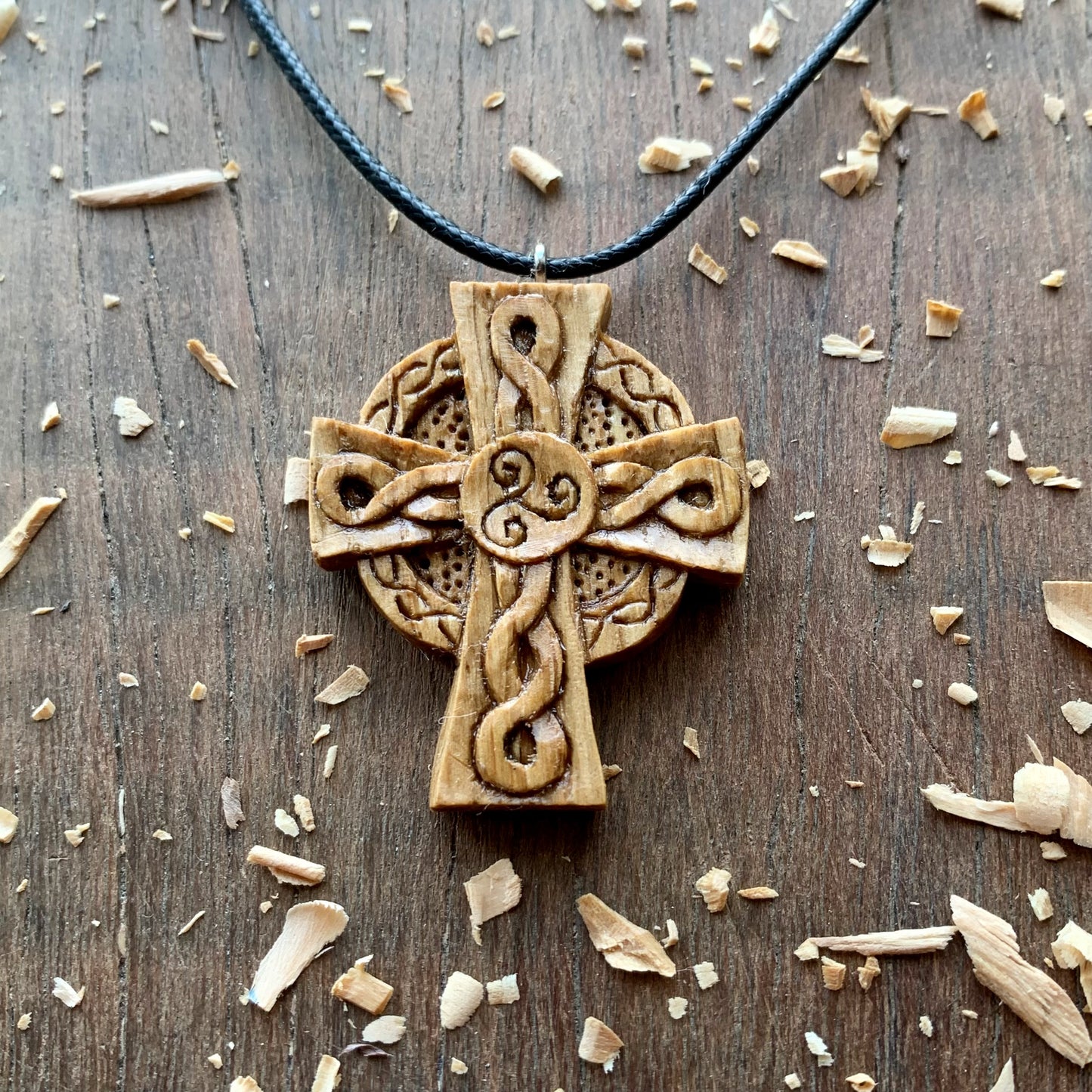 Celtic Cross Triskelion Oak Wood Pendant