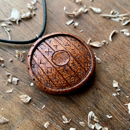 Viking Shield With Runes Mahogany Wood Pendant