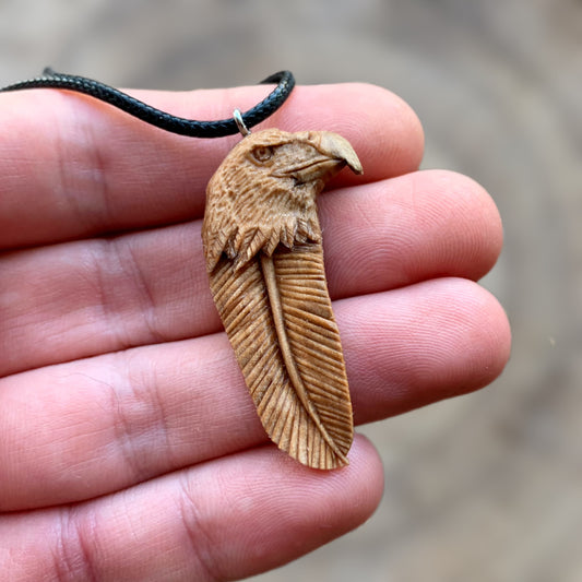 Eagle’s Head Feather Walnut Wood Pendant