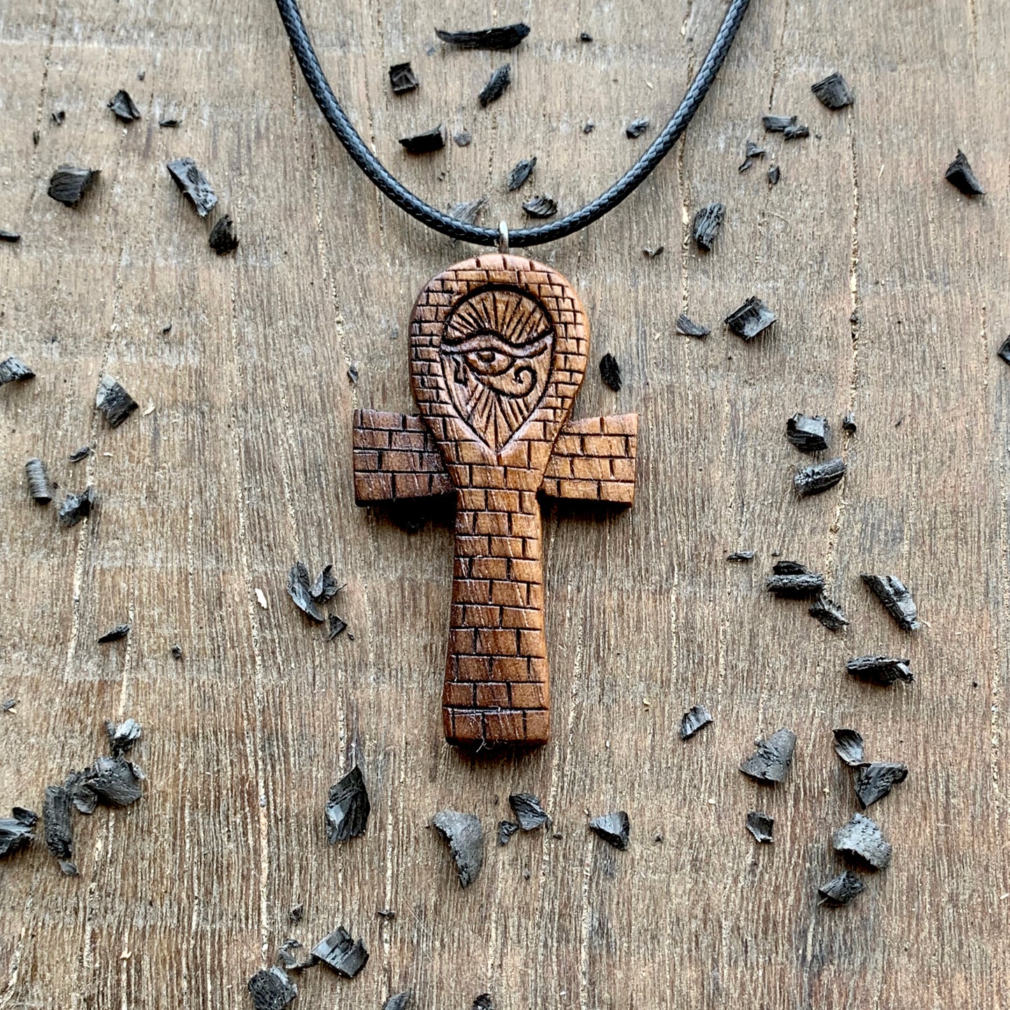 Ankh with Eye of Horus walnut wood pendant
