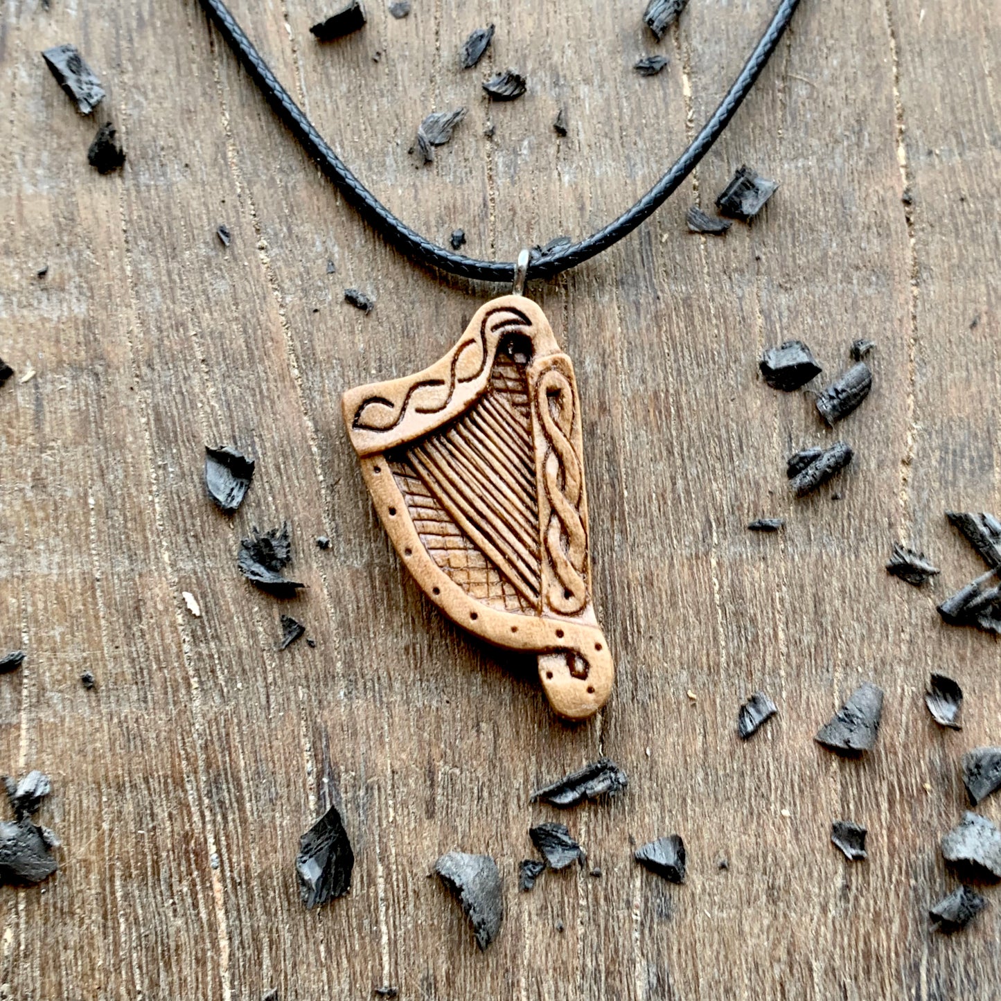 Celtic Harp Walnut Wood Pendant