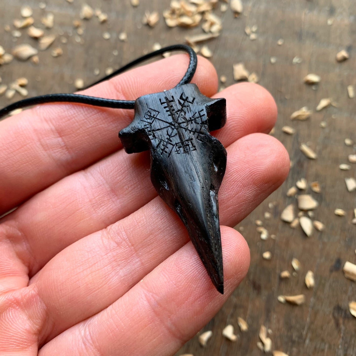 Raven’s Skull Vegvisir Bog Oak Wood Pendant