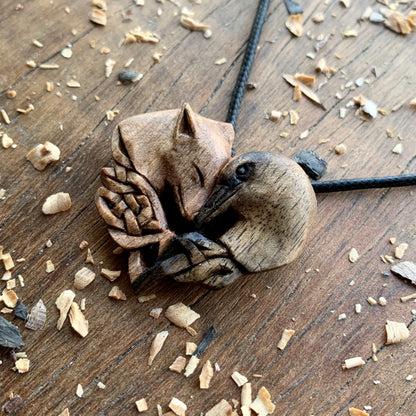 Wolf And Raven Walnut Wood Pendant