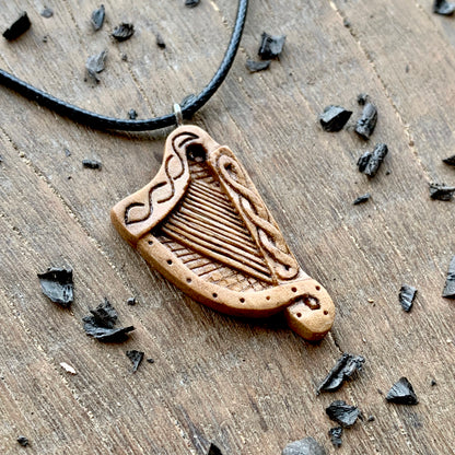 Celtic Harp Walnut Wood Pendant