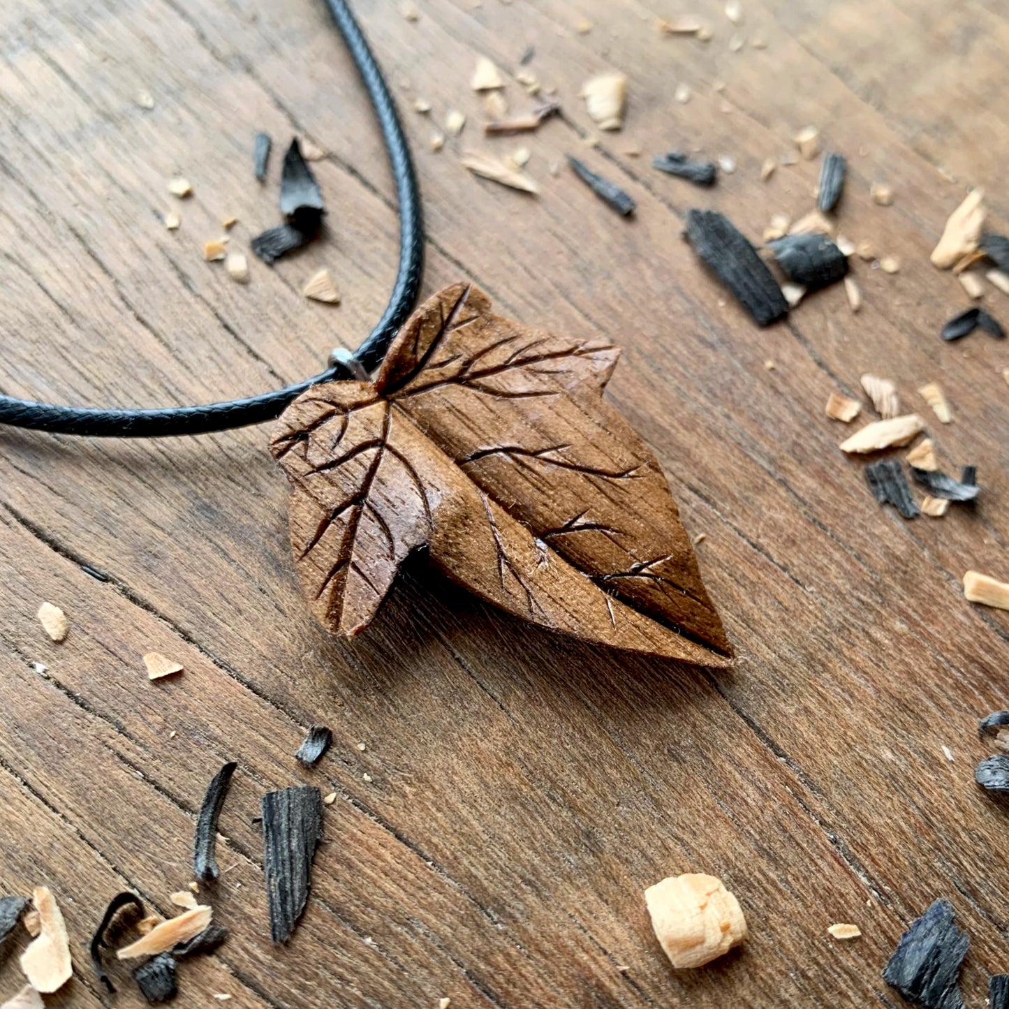 Ivy Leaf Walnut and Olive Wood Pendant