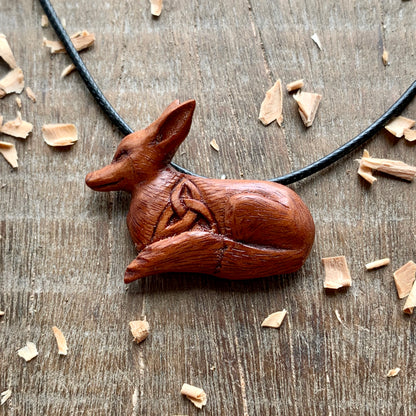 Hand Carved Celtic Fox Pendant, Apricot Wood Necklace, Handmade Jewelry