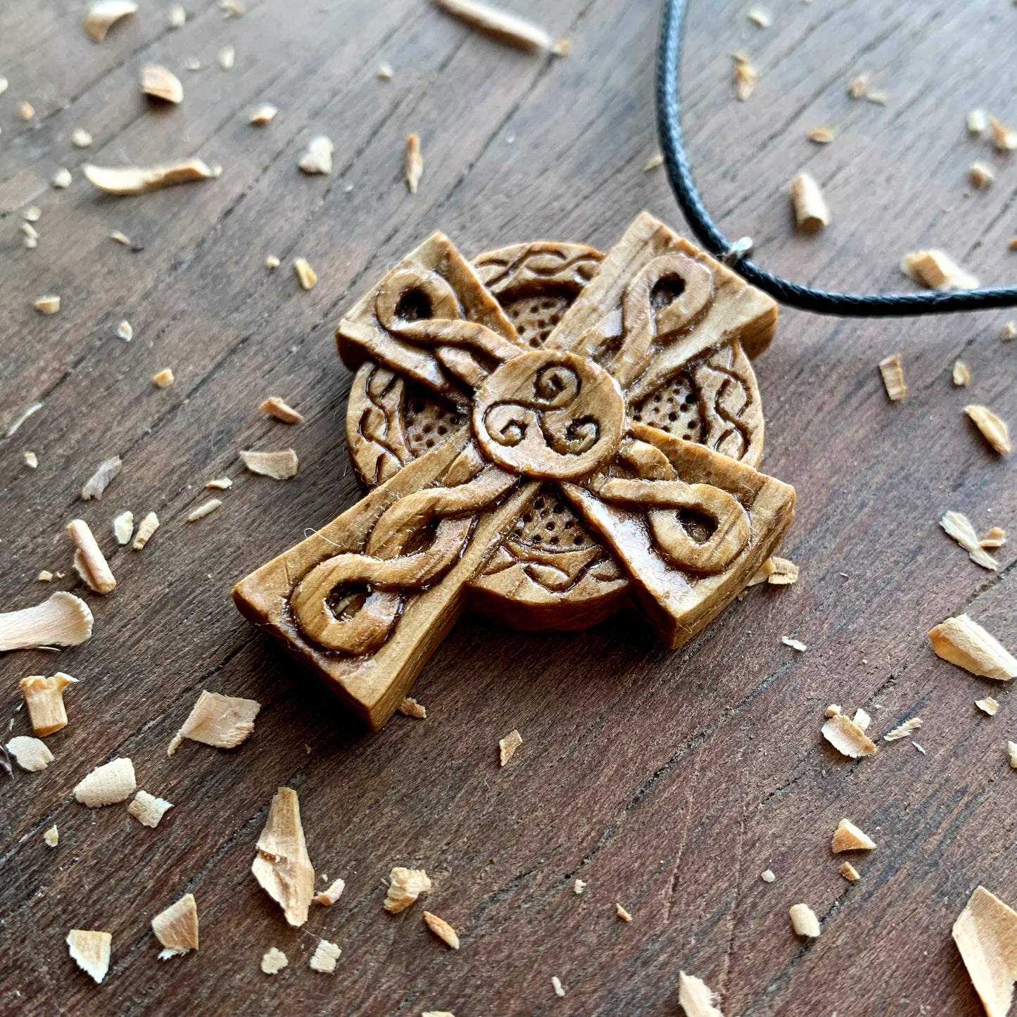 Celtic Cross Triskelion Oak Wood Pendant