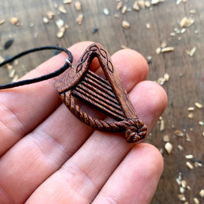 Celtic Harp Red Mahogany Wood Pendant