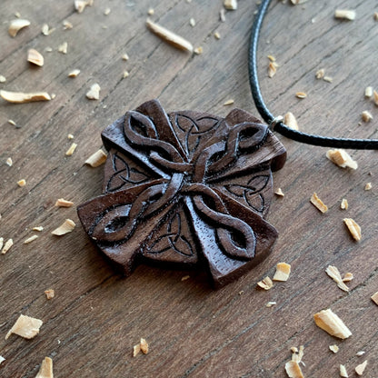 Celtic Cross Triquetra Walnut Wood Pendant