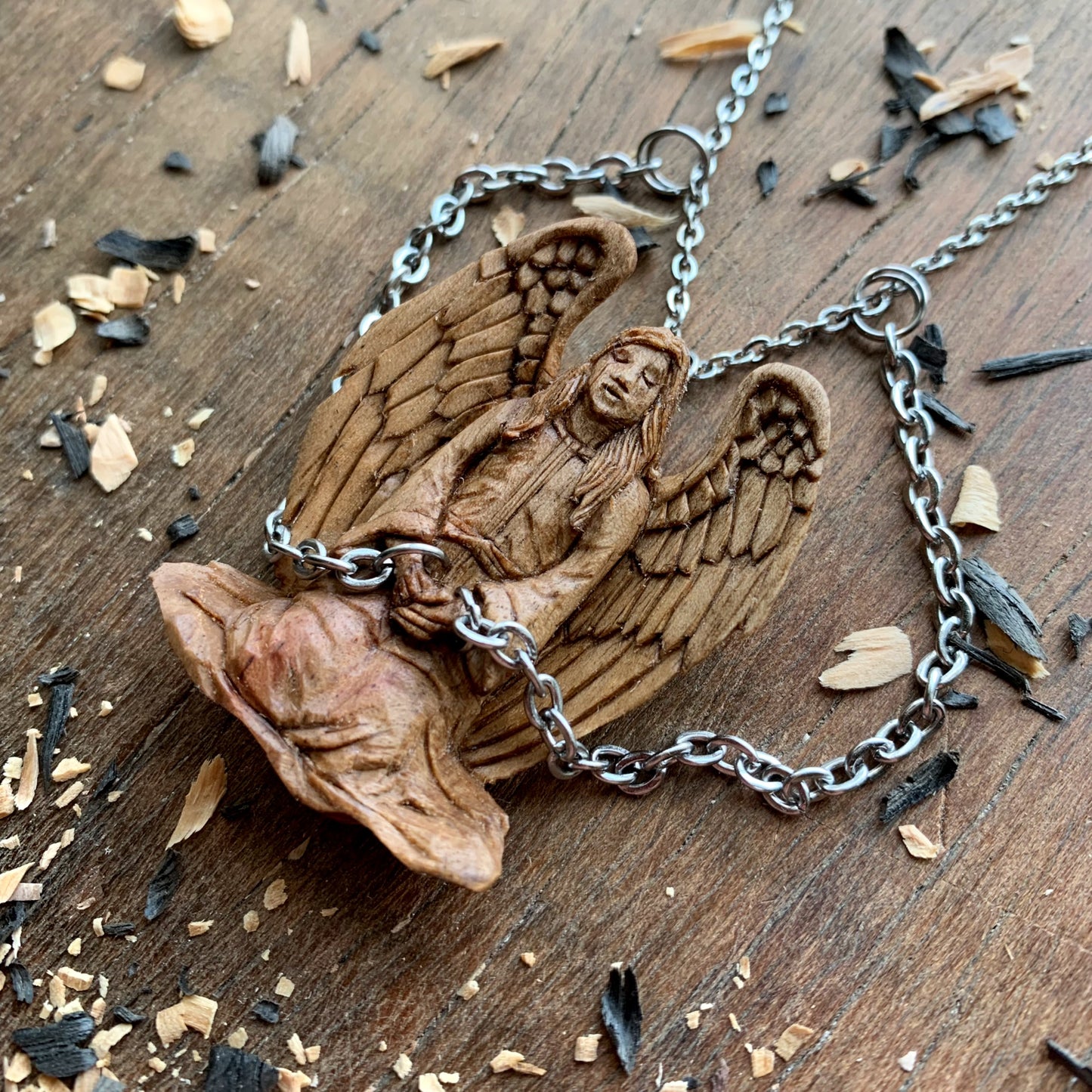 Angel In Chains Walnut Wood Pendant