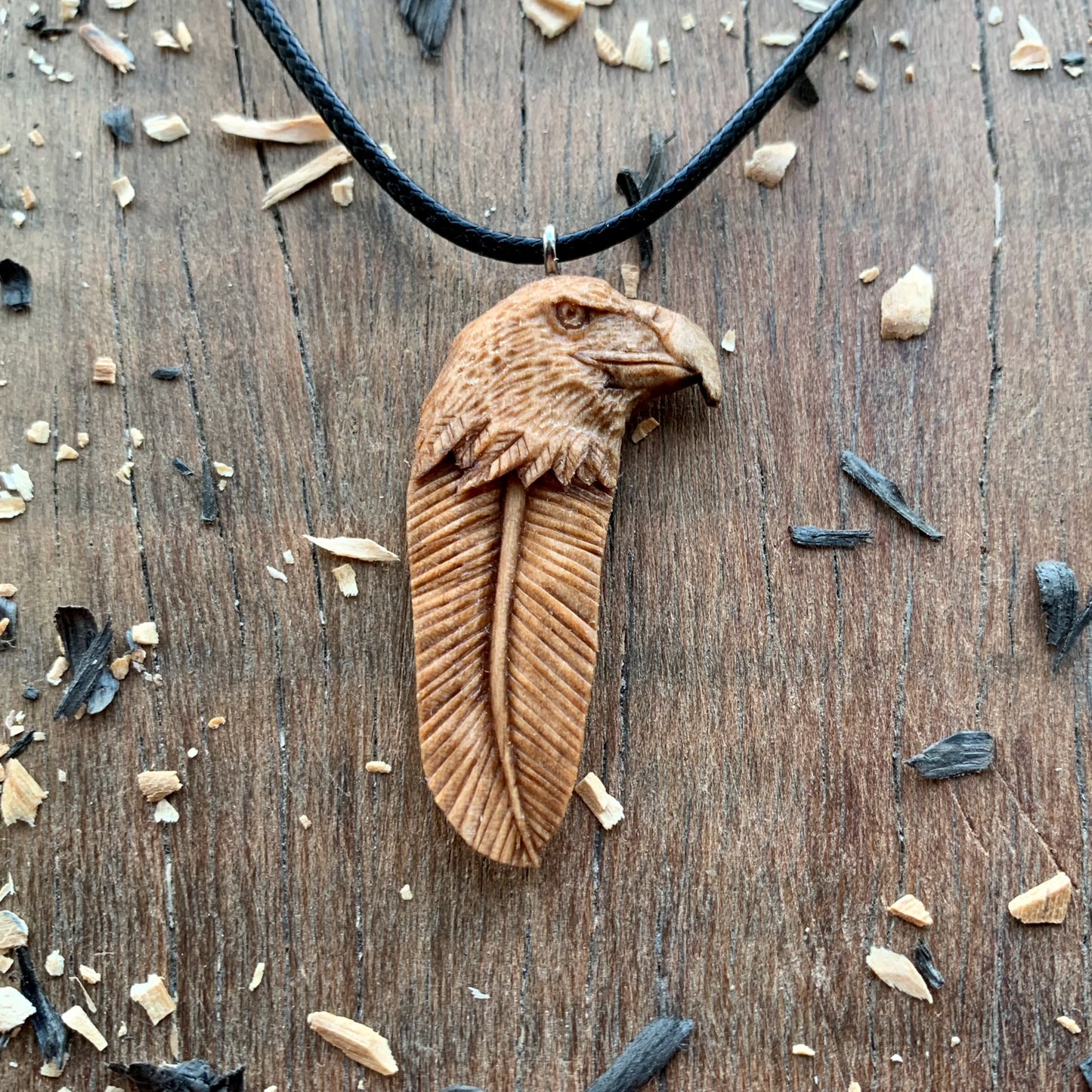 Eagle’s Head Feather Walnut Wood Pendant