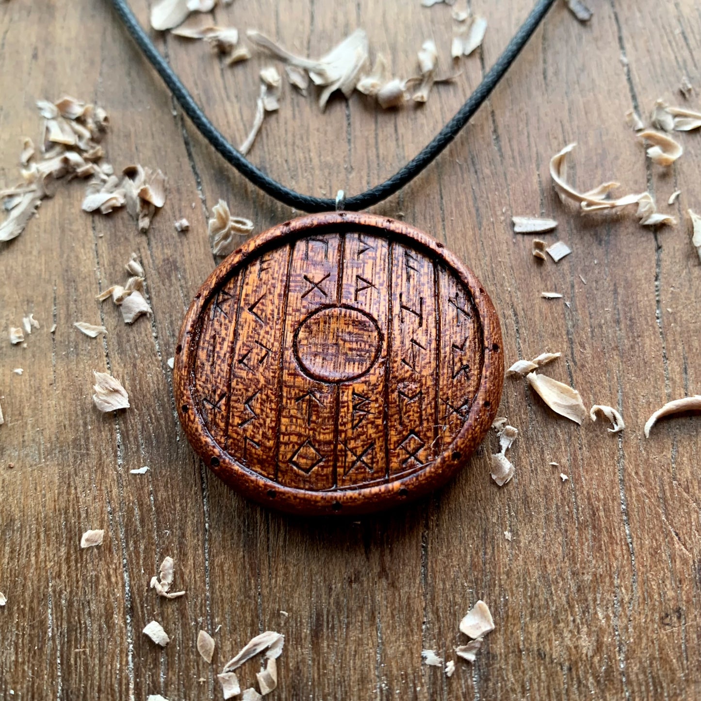 Viking Shield With Runes Mahogany Wood Pendant