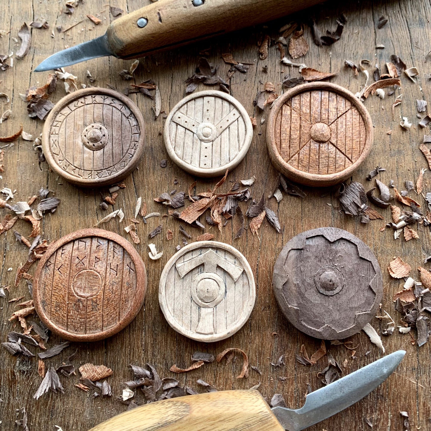 Viking Shield With Runes Walnut Wood Pendant