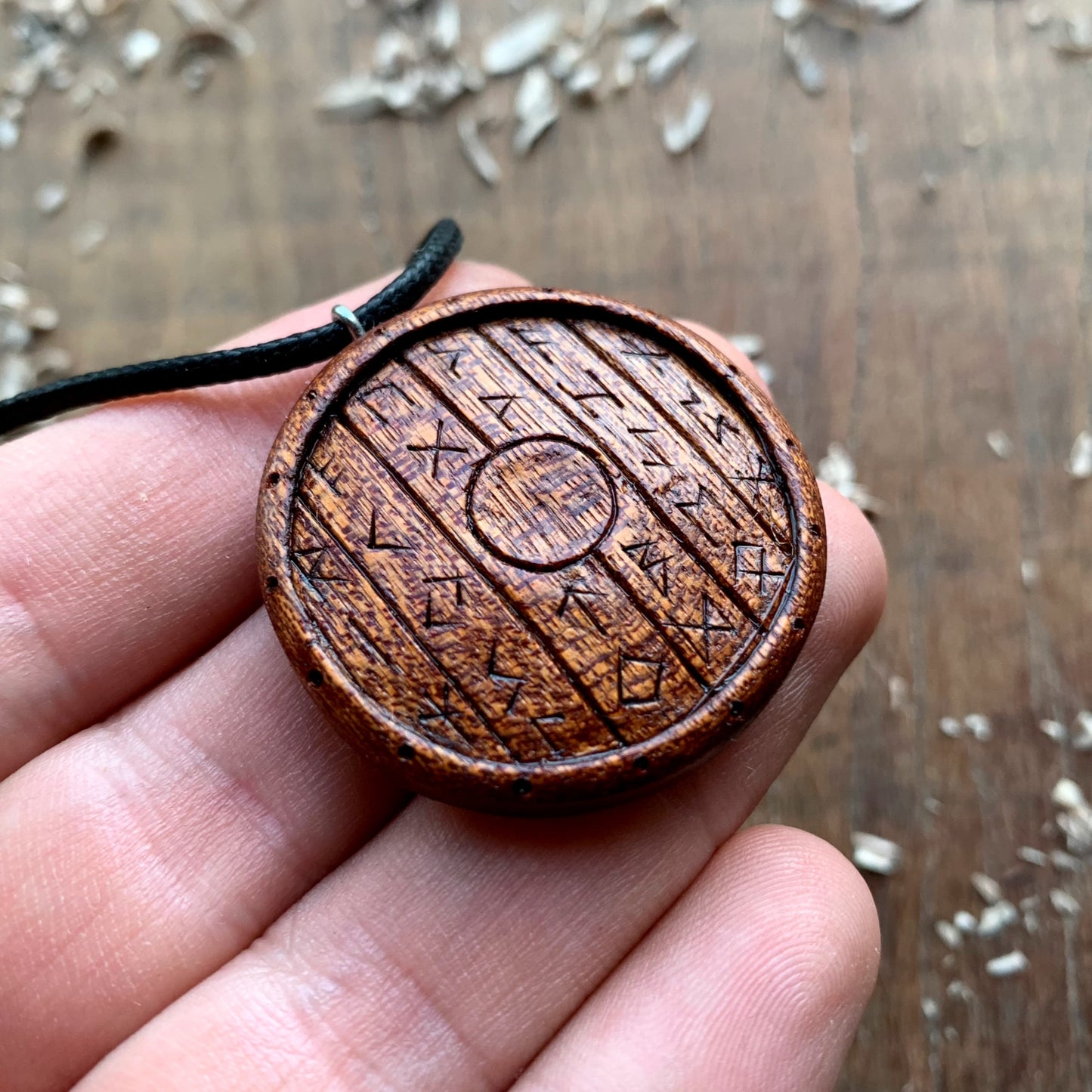 Viking Shield With Runes Mahogany Wood Pendant