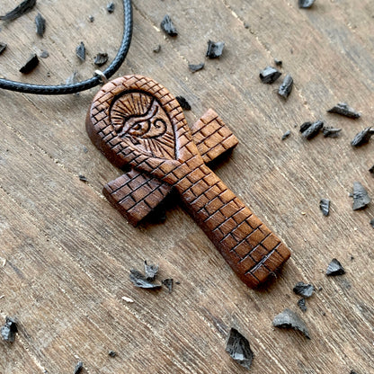 Ankh with Eye of Horus walnut wood pendant