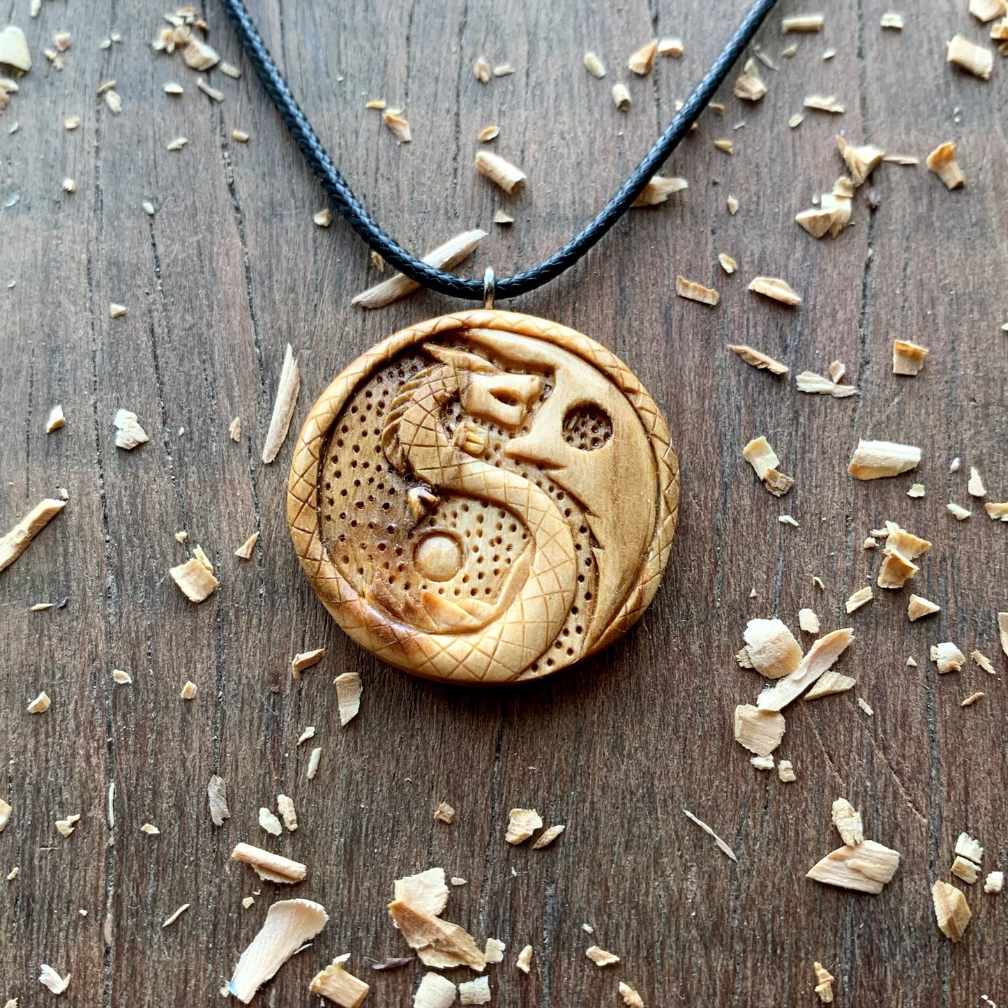 Yin Yang Dragon Olive Wood Pendant