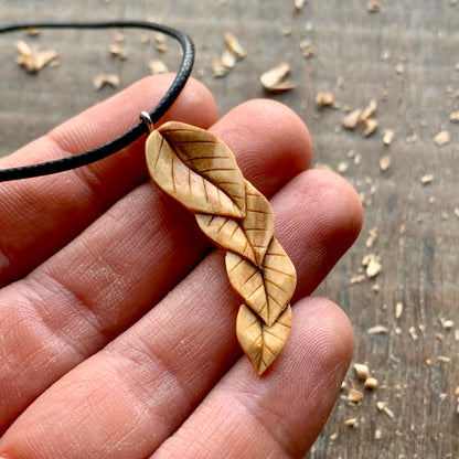 Leaves Pendant Hand Carved In Olive Wood