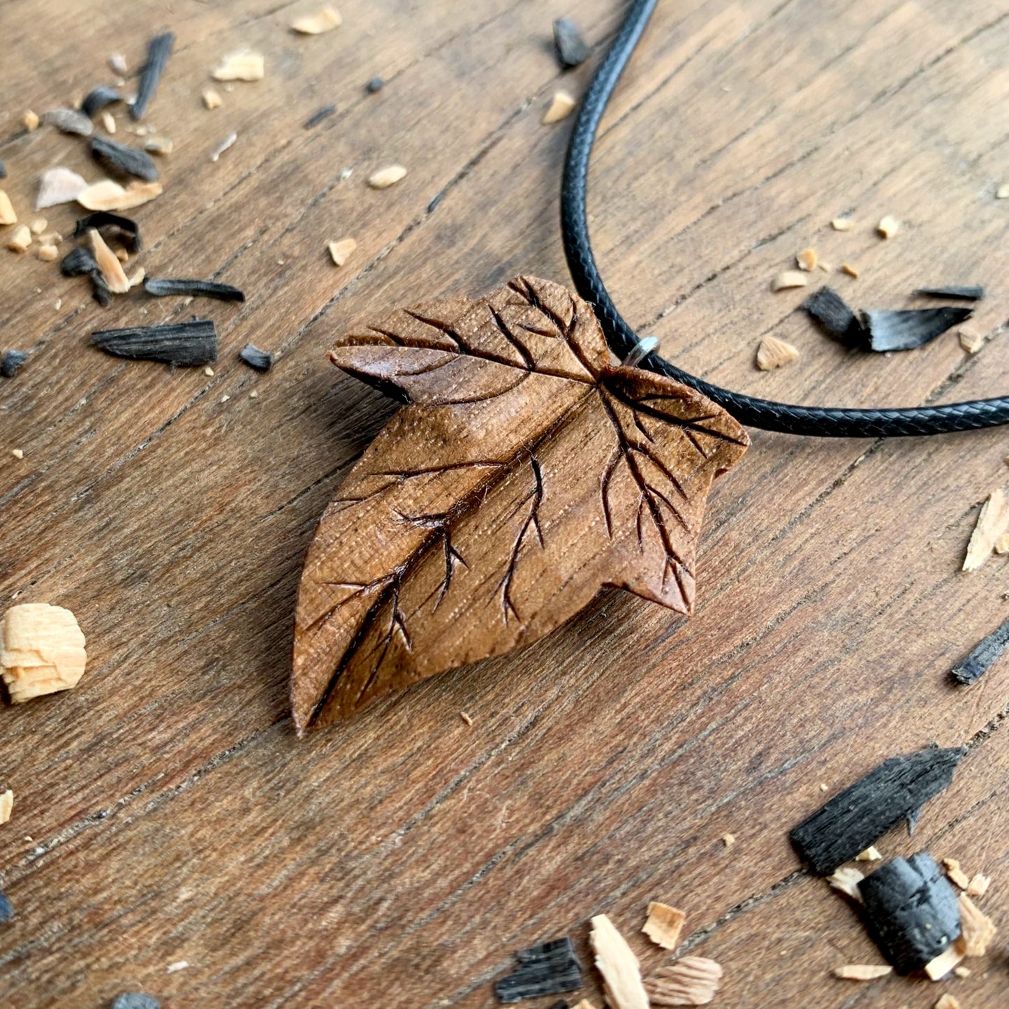 Ivy Leaf Walnut and Olive Wood Pendant