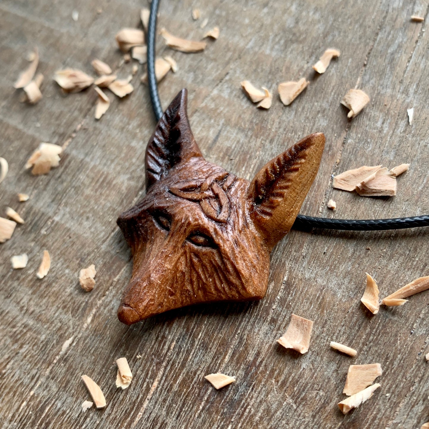 Fox With Triquetra Walnut Wood Pendant