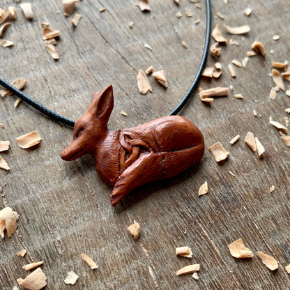 Hand Carved Celtic Fox Pendant, Apricot Wood Necklace, Handmade Jewelry