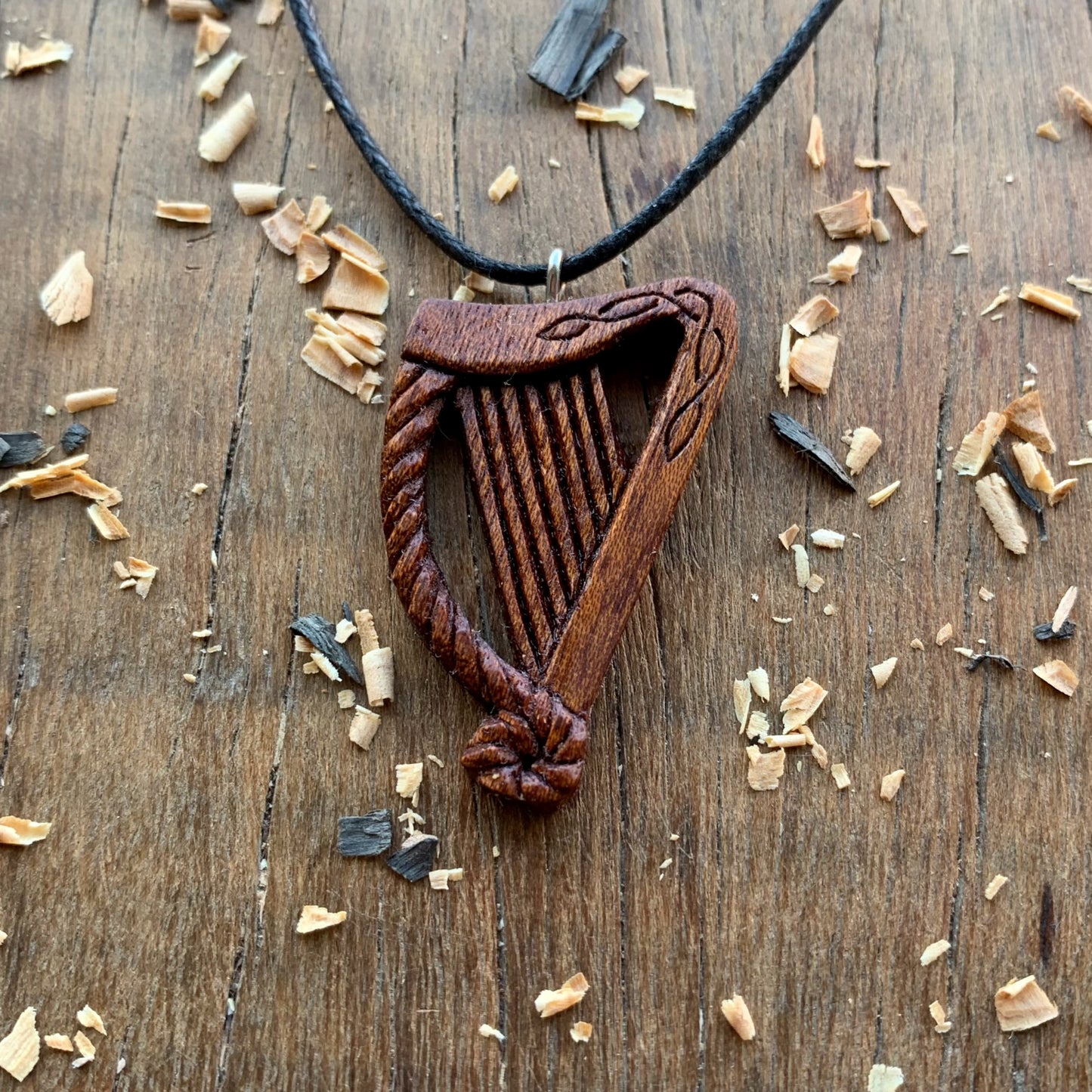 Celtic Harp Red Mahogany Wood Pendant