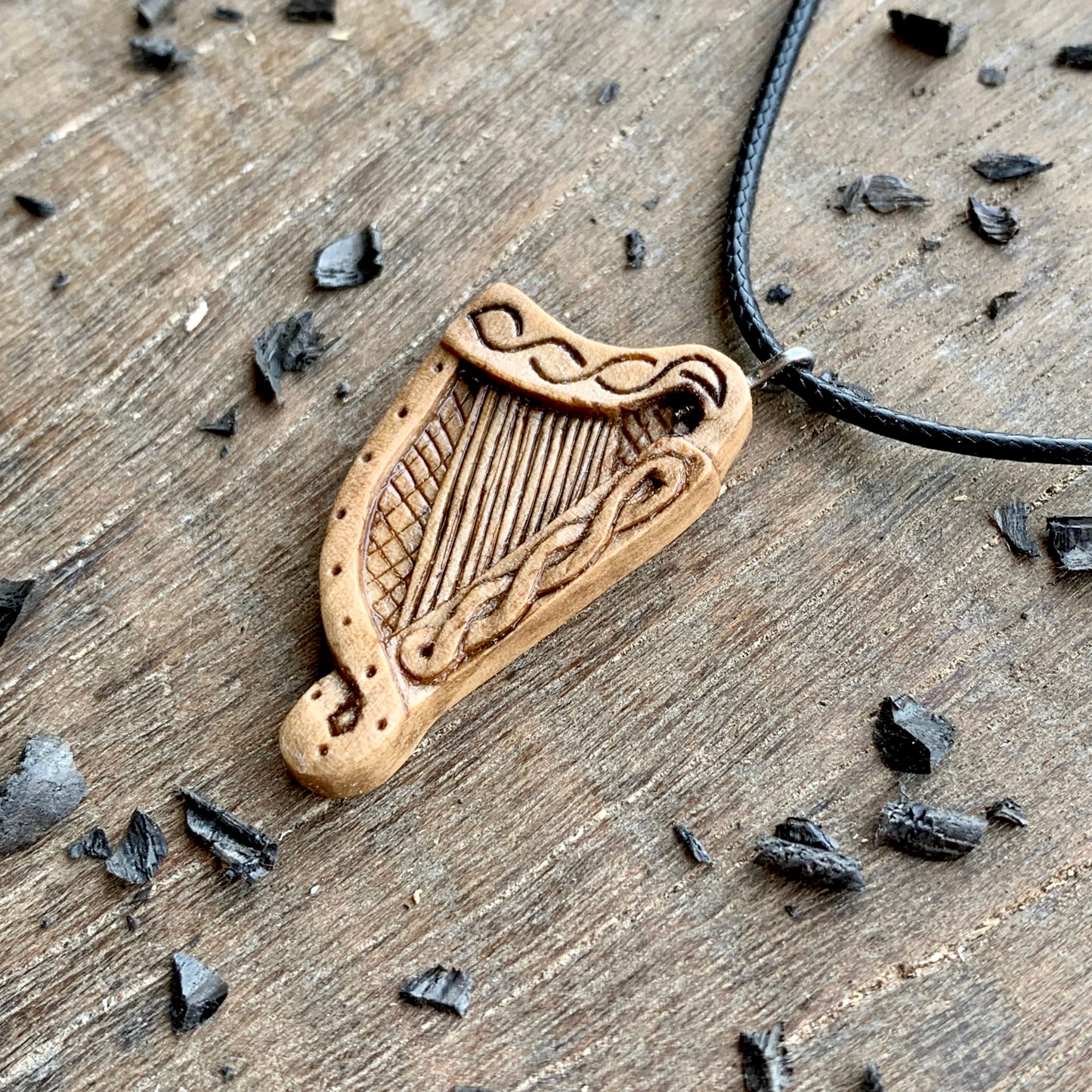 Celtic Harp Walnut Wood Pendant