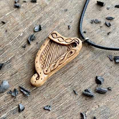 Celtic Harp Walnut Wood Pendant