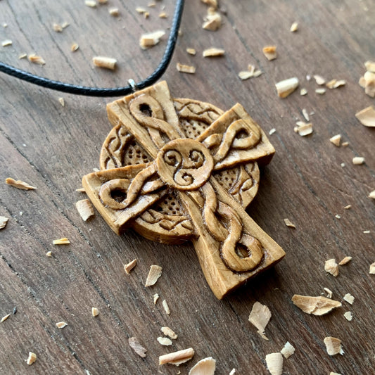 Celtic Cross Triskelion Oak Wood Pendant