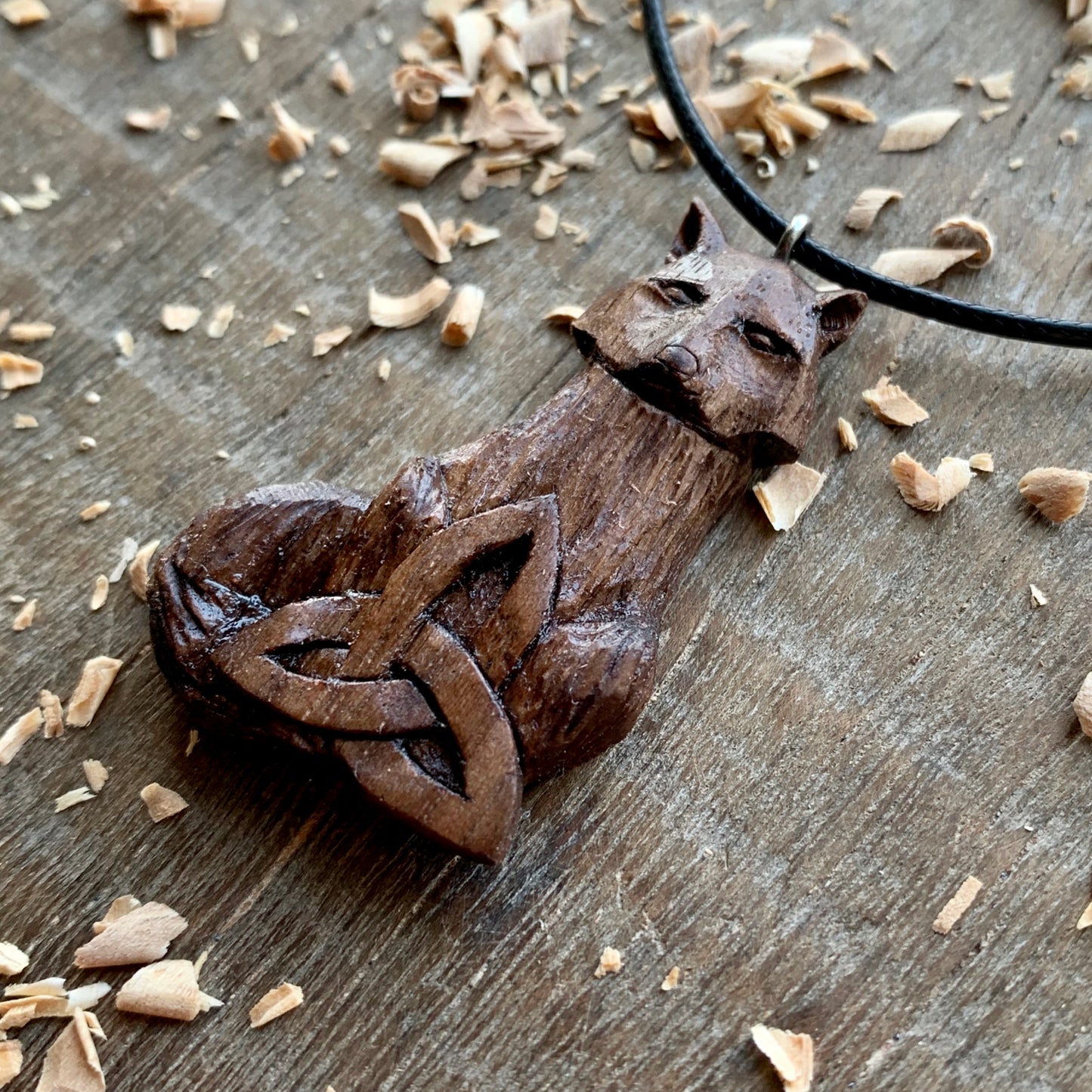Celtic Fox Triquetra Walnut Wood Pendant