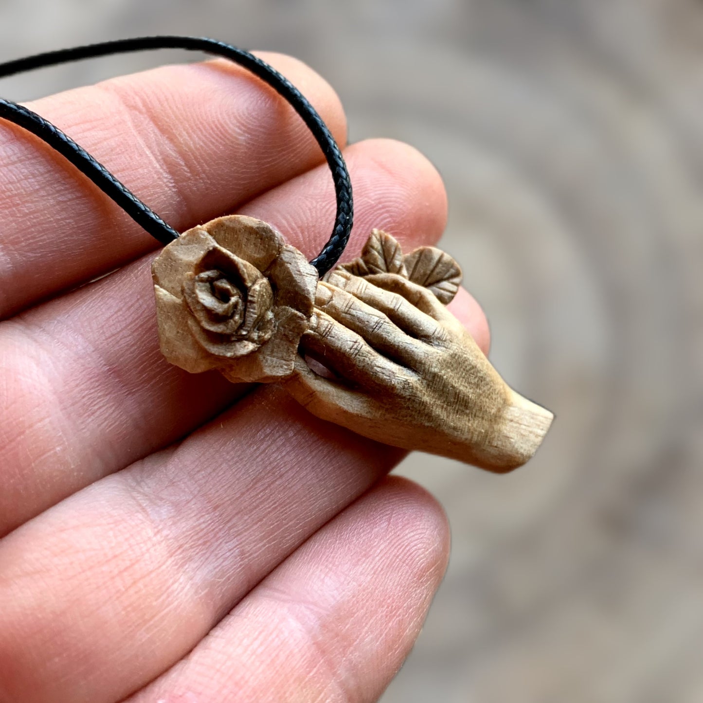 Hand With Rose Walnut Wood Pendant