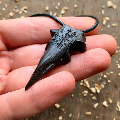 Raven’s Skull Vegvisir Bog Oak Wood Pendant