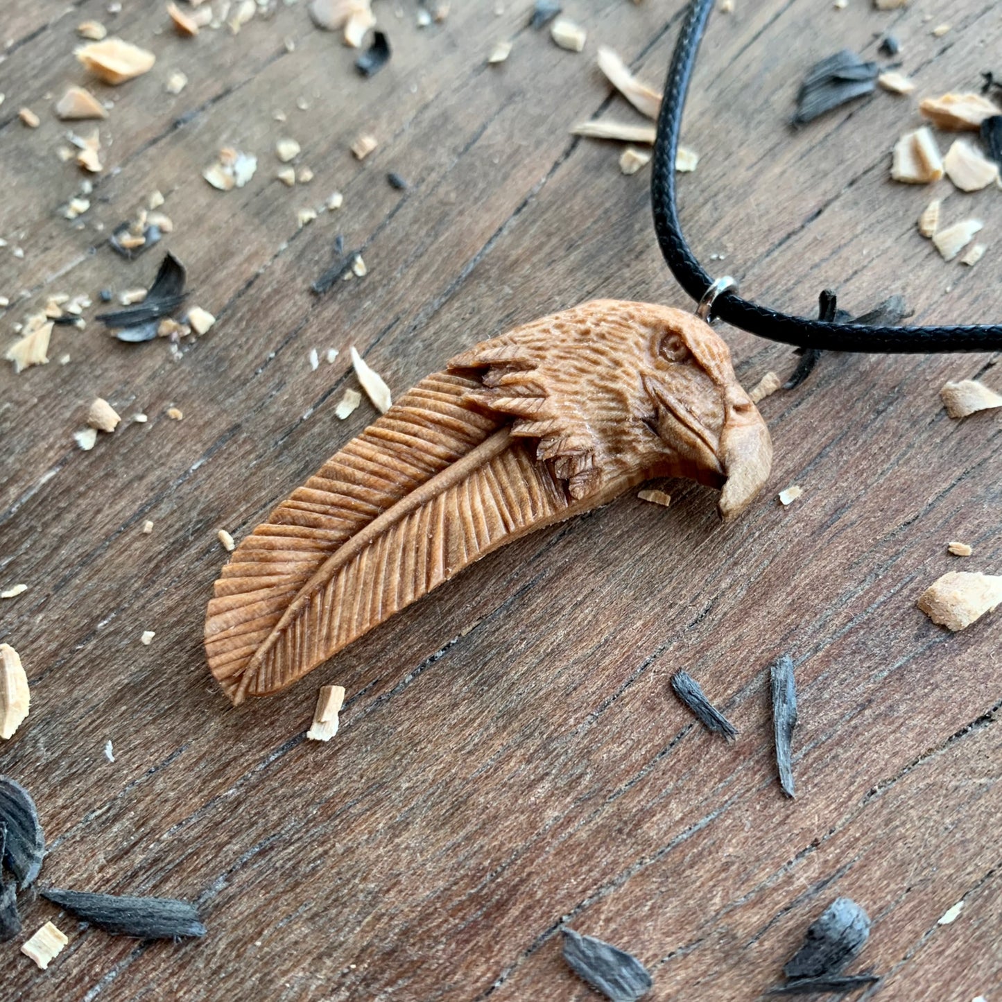 Eagle’s Head Feather Walnut Wood Pendant