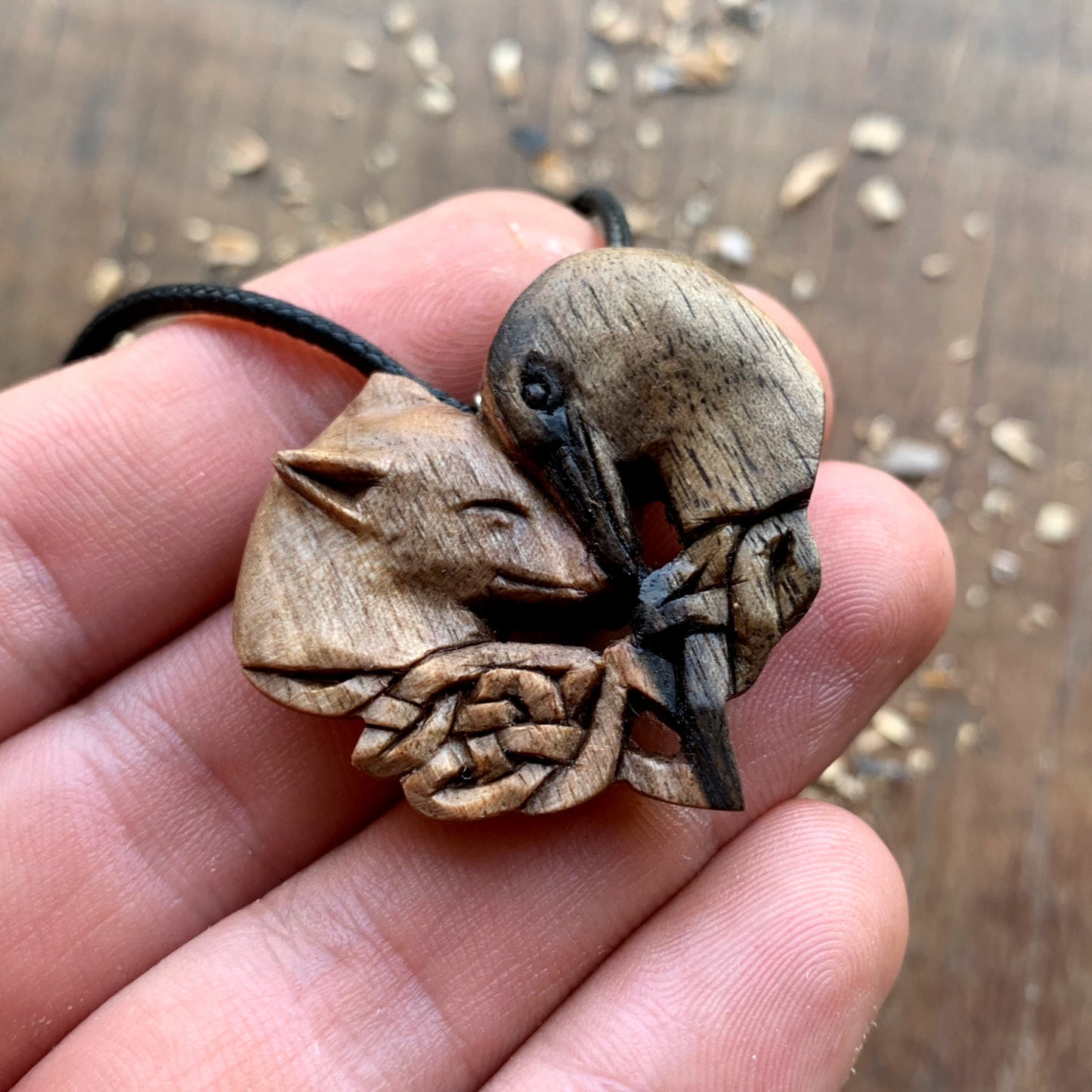 Wolf And Raven Walnut Wood Pendant