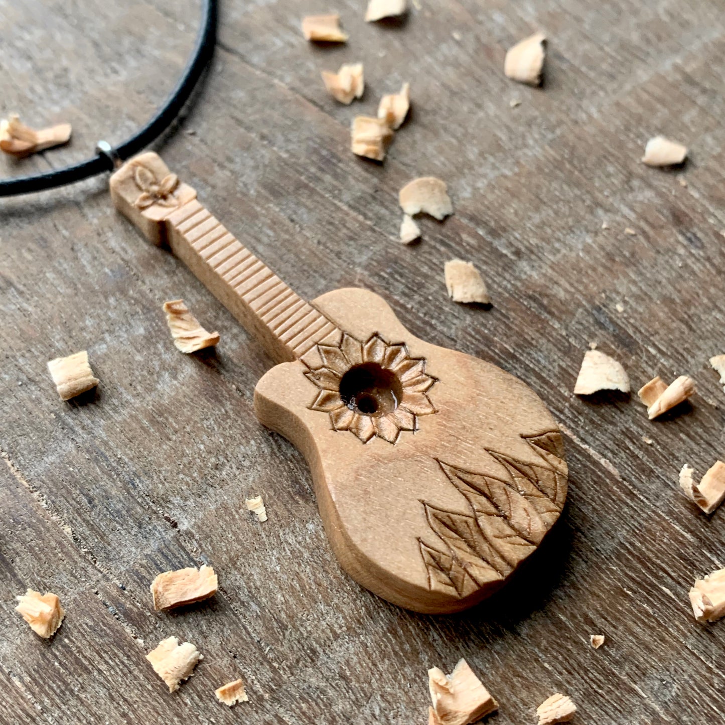 Acoustic Guitar Of Flower And Leaves Design Pendant