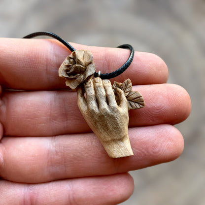 Hand With Rose Walnut Wood Pendant