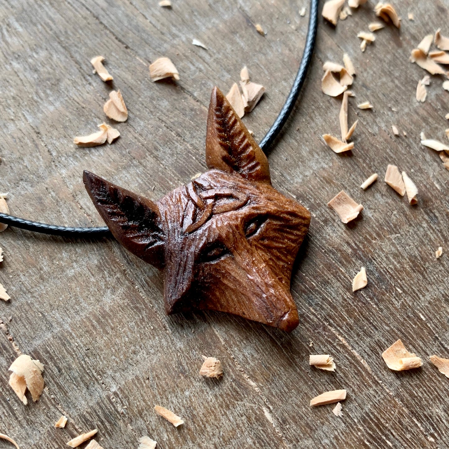 Fox With Triquetra Walnut Wood Pendant