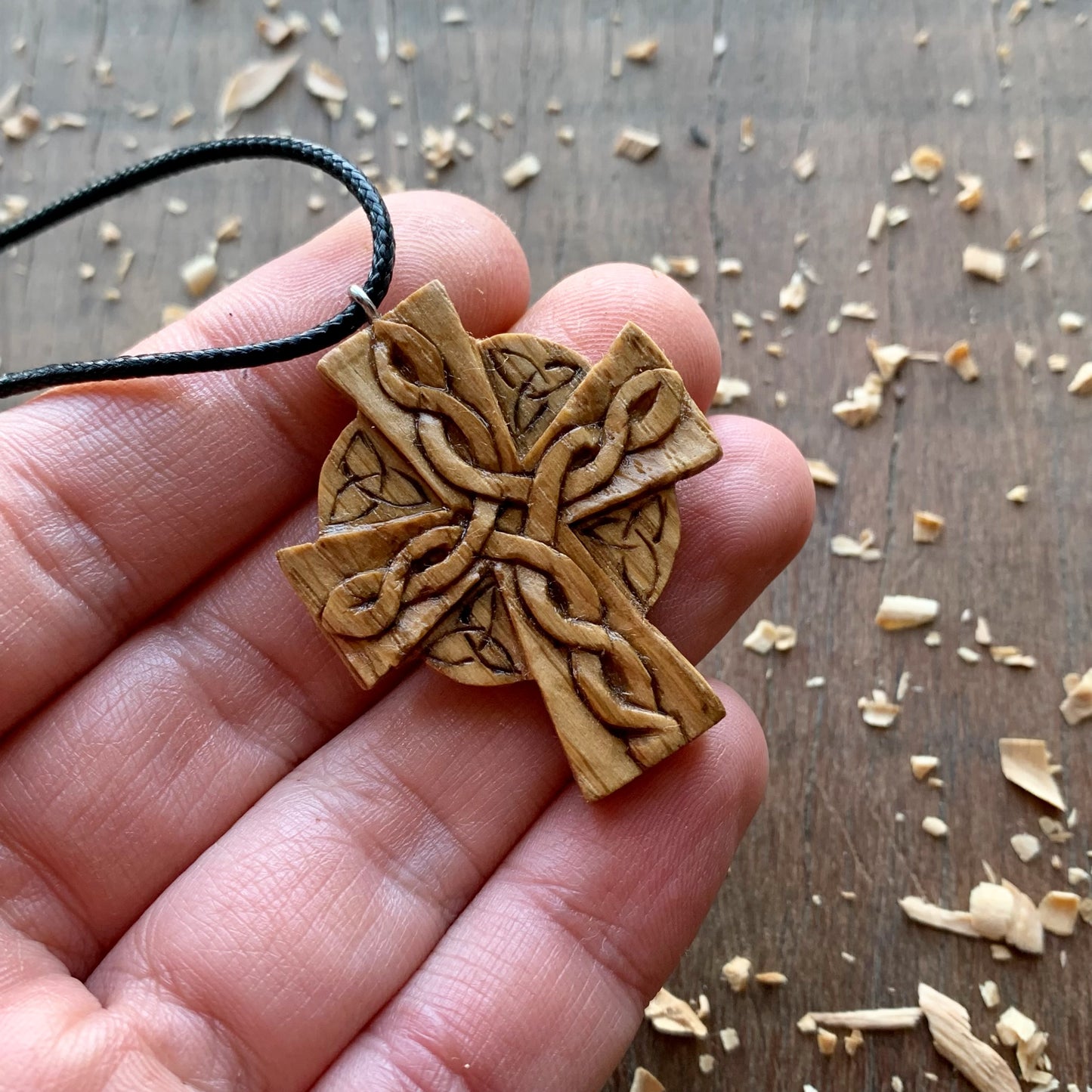 Celtic Cross Triquetra Oak Wood Pendant