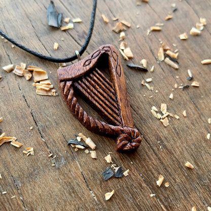 Celtic Harp Red Mahogany Wood Pendant