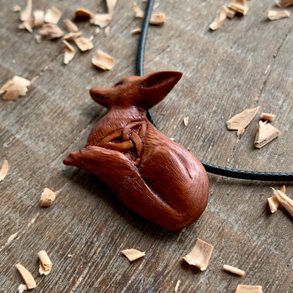 Hand Carved Celtic Fox Pendant, Apricot Wood Necklace, Handmade Jewelry