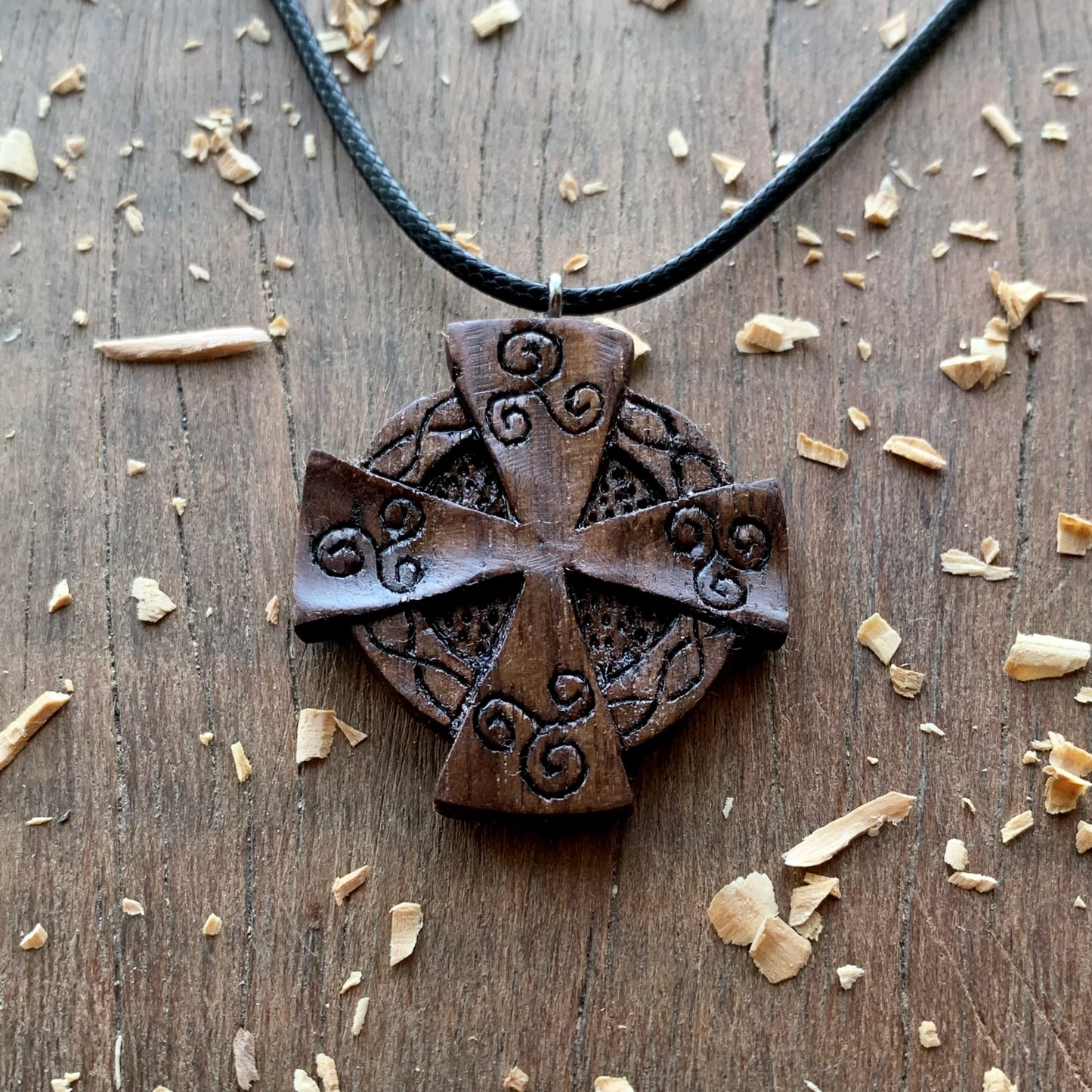 Celtic Cross Trskelion Walnut Wood Pendant