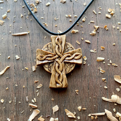 Celtic Cross Triquetra Oak Wood Pendant