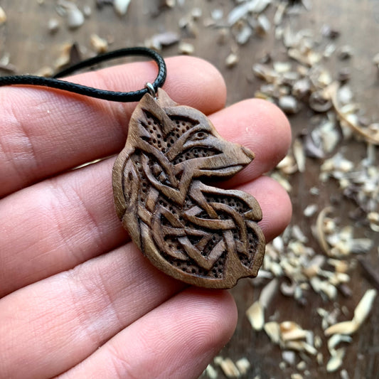 Celtic Fox Walnut Wood Pendant