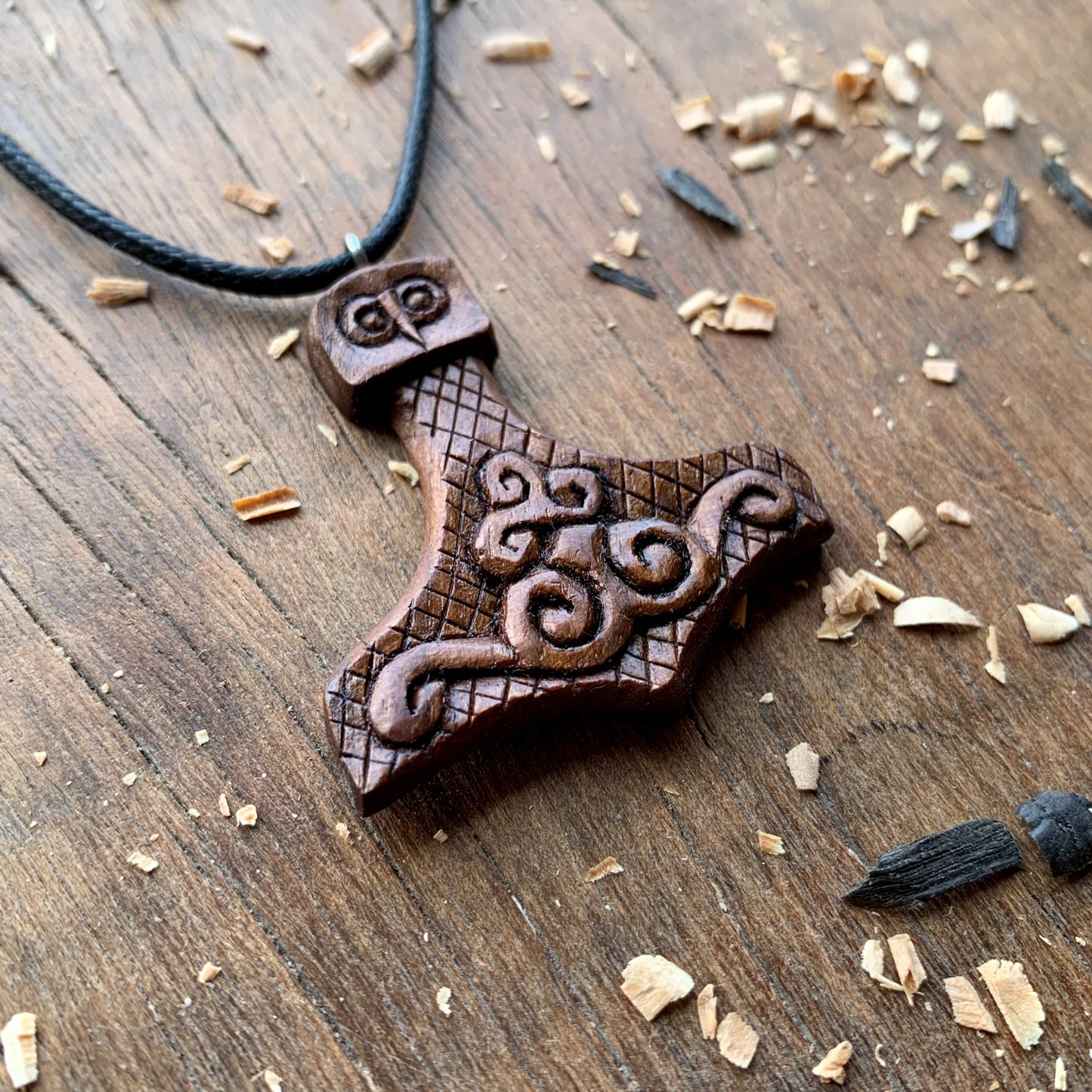 Mjolnir Triskelion Walnut Wood Pendant