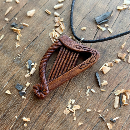 Celtic Harp Red Mahogany Wood Pendant