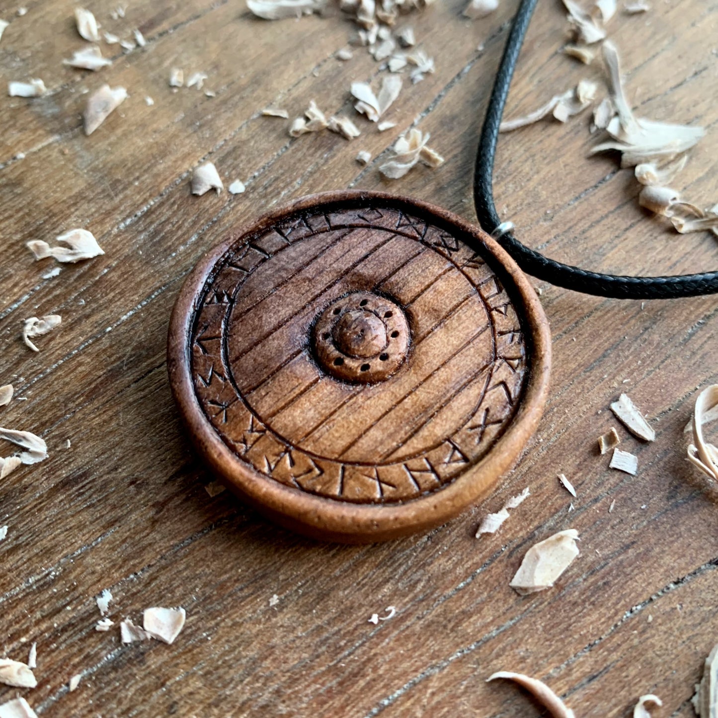 Viking Shield With Runes Walnut Wood Pendant