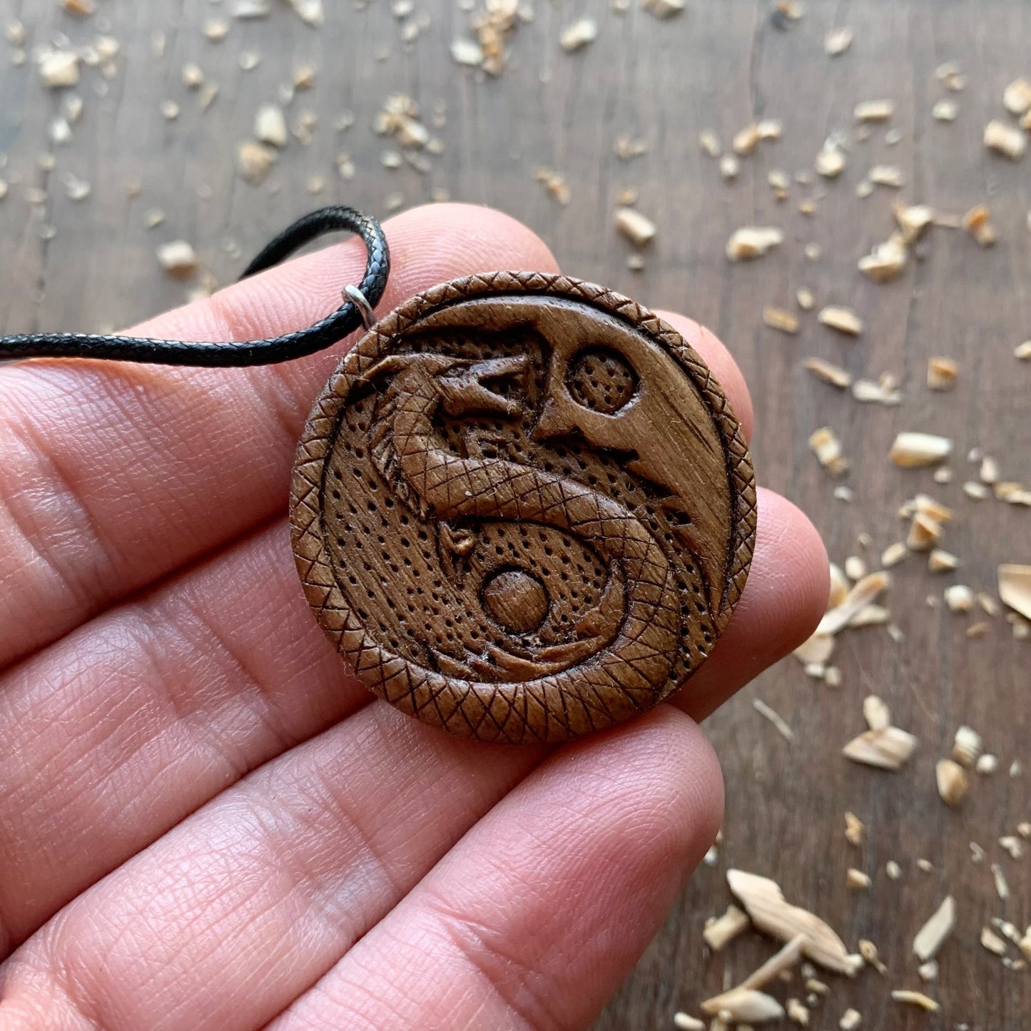 Yin Yang Dragon Walnut Wood Pendant