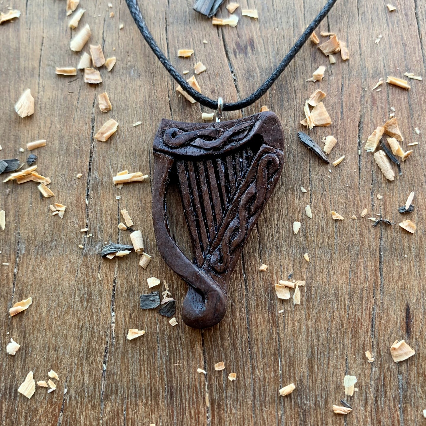 Celtic Harp Walnut Wood Pendant