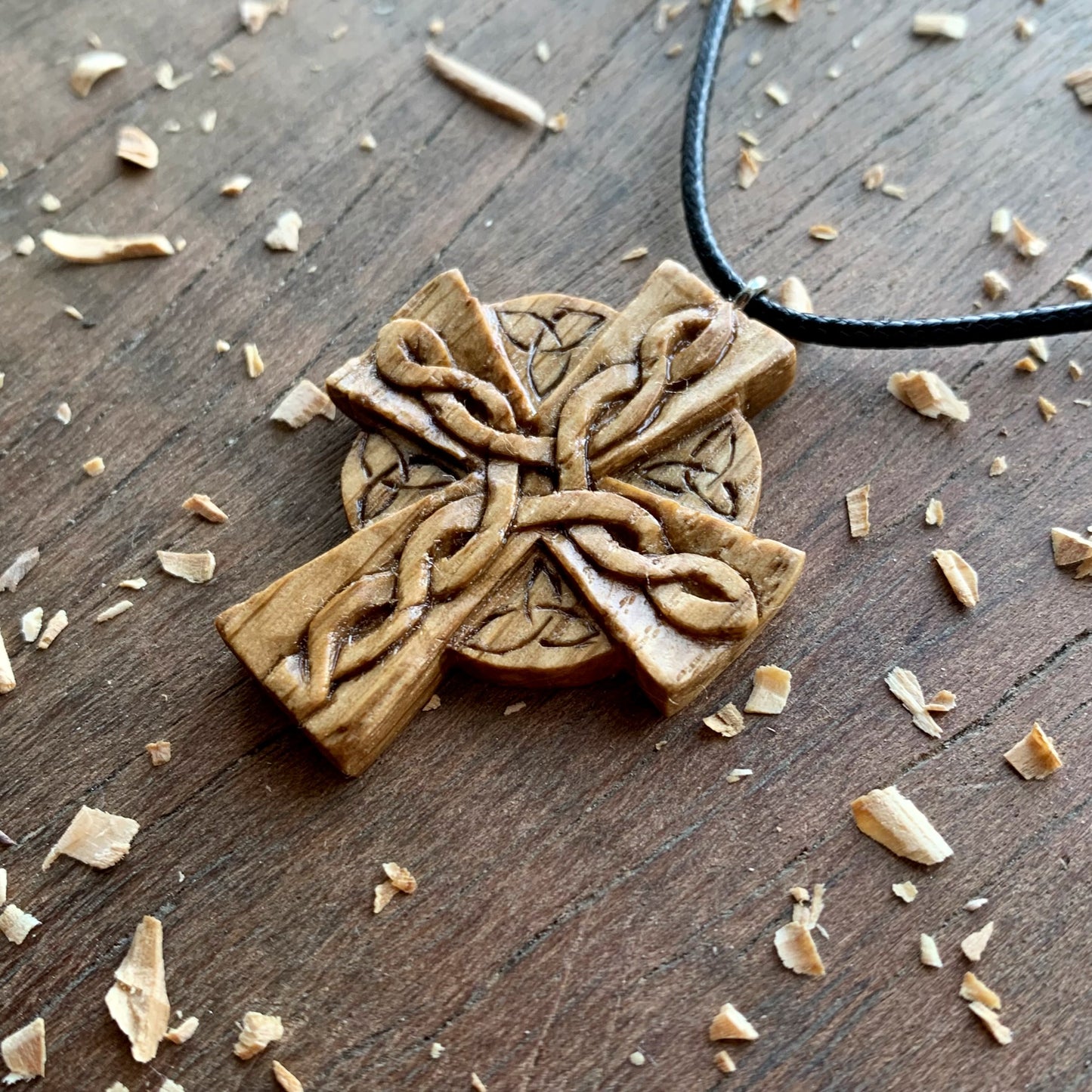 Celtic Cross Triquetra Oak Wood Pendant