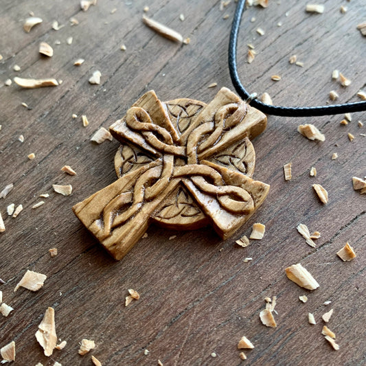Celtic Cross Triquetra Oak Wood Pendant