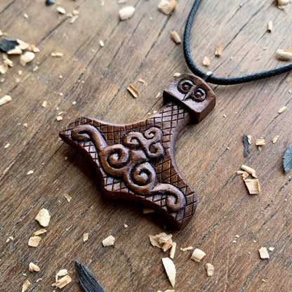 Mjolnir Triskelion Walnut Wood Pendant